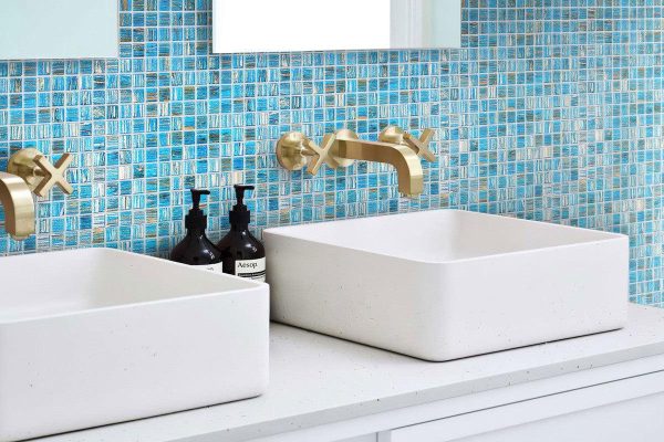 Blue with Gold Stripes Squares Glass Pool Tile Discount - Image 2