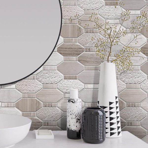 Textured Elongated Wooden Beige Hexagon Marble Mosaic Tile For Cheap